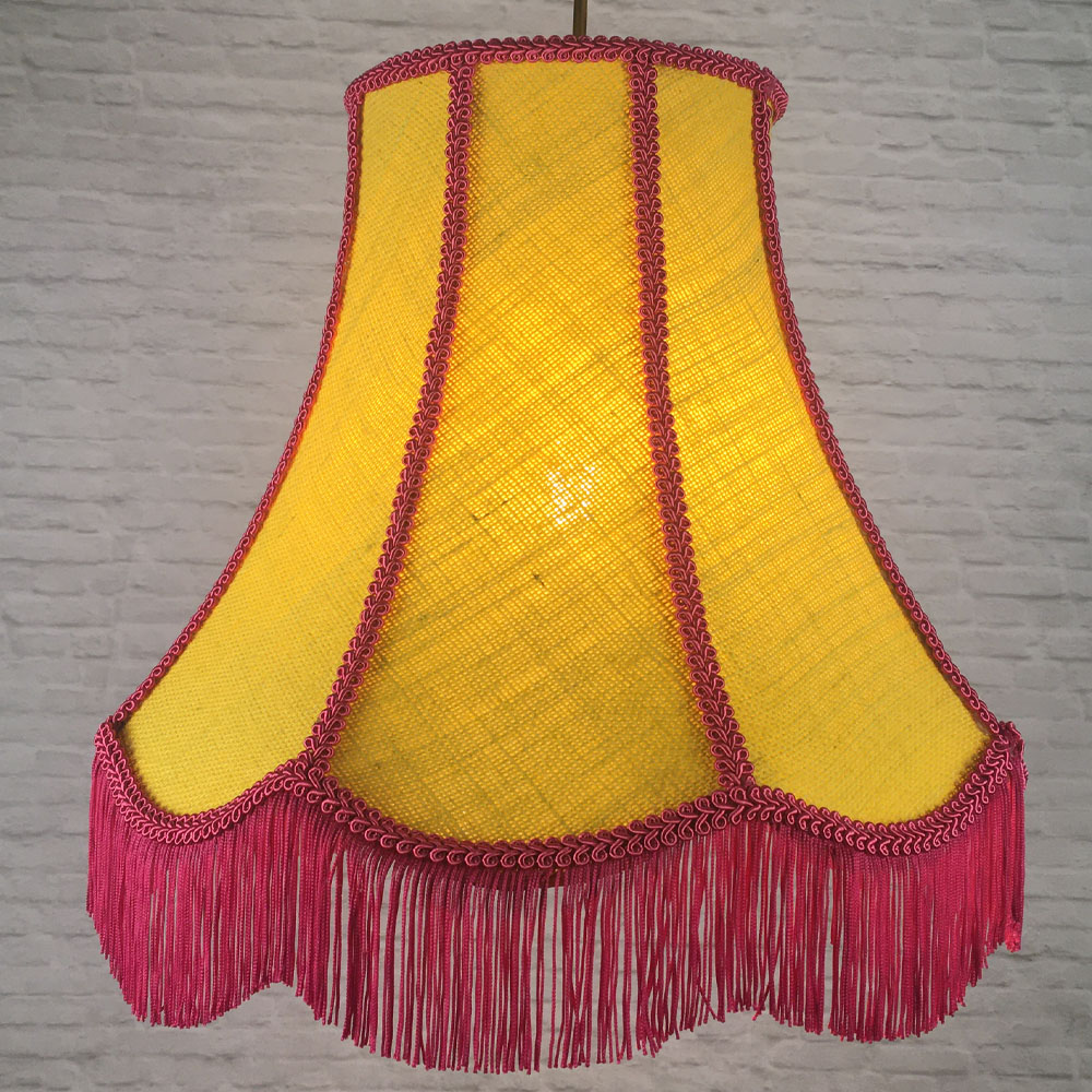 Yellow hessian scalloped bowed empire pendant lampshade with pink trim, pink fringe and yellow lining