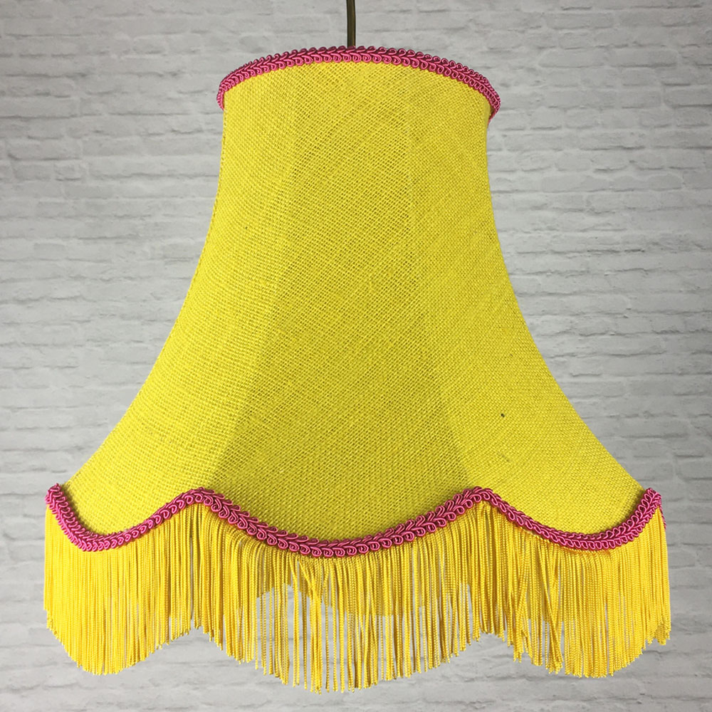 Yellow hessian scalloped bowed empire pendant lampshade with pink trim, yellow fringe and yellow lining