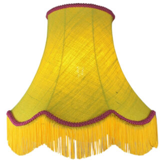Illuminated yellow hessian scalloped bowed empire lampshade with pink trim, pink fringe and yellow lining