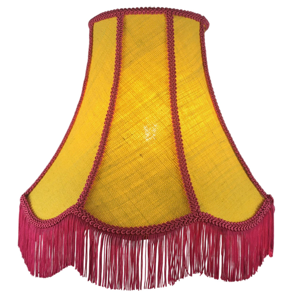 Illuminated yellow hessian scalloped bowed empire lampshade with pink trim, pink fringe and yellow lining