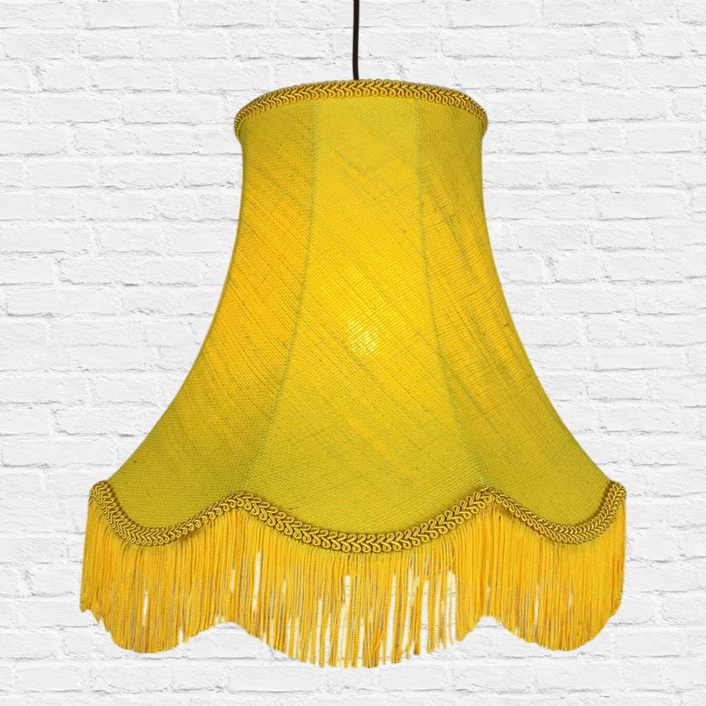 Yellow hessian scalloped bowed empire pendant lampshade with yellow feather trim and fringe