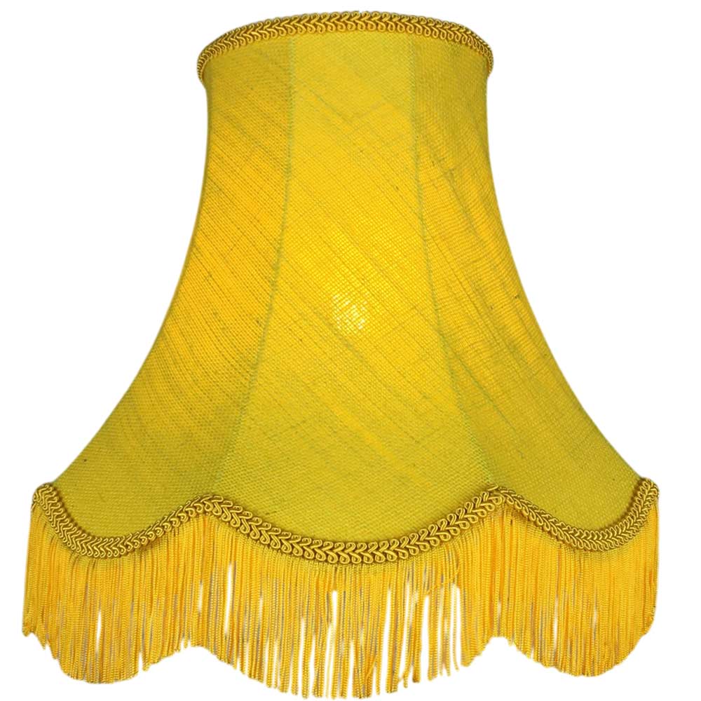 Illuminated yellow hessian scalloped bowed empire lampshade with yellow feather trim and fringe